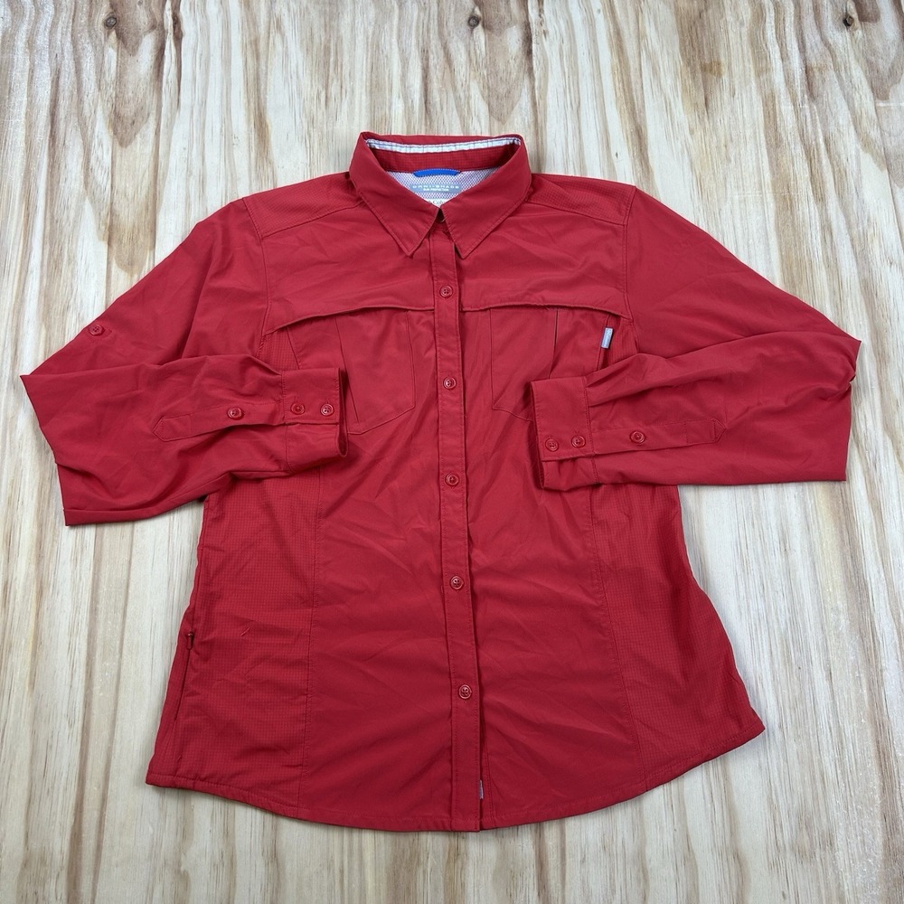 Columbia Omni-Shade Women's Red Hiking Shirt Large Long Sleeve Button Up Outdoor